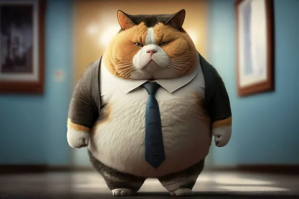 A fat cat in a suit and tie standing in a room with a blue wall character design a character portrait furry art