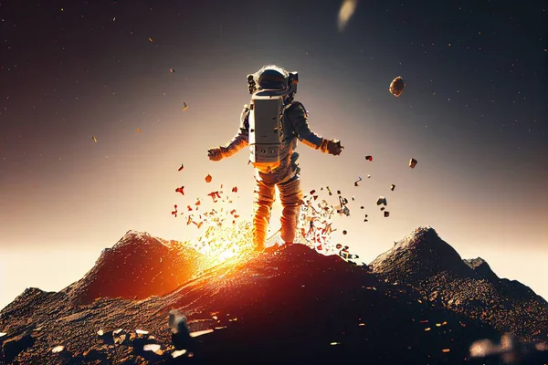 A man in an astronaut suit standing on a mountain top with a sun in the background redshift render an ambient occlusion render space art