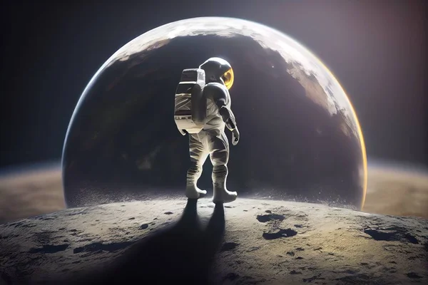 A man in a space suit standing on the moon with a camera in his hand redshift render a detailed matte painting space art