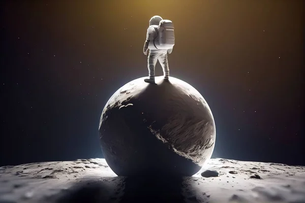 A man standing on the moon with a backpack on his back and a space shuttle in the background redshift render an ambient occlusion render space art