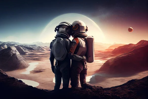 Two people in space suits standing on a rocky surface with a planet in the background space a matte painting space art