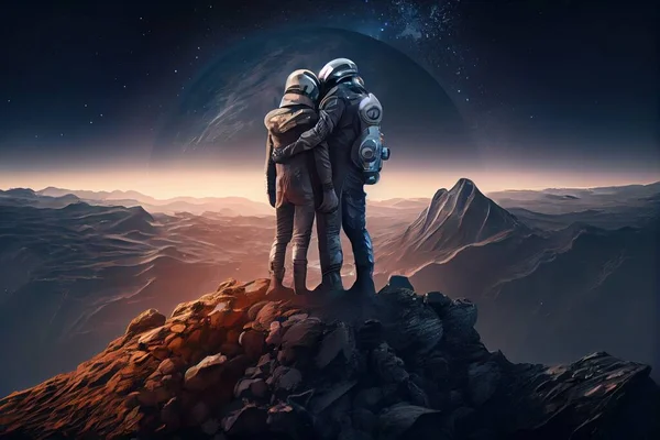 Two astronauts standing on a rocky surface in front of a planet with a distant sky key art a digital painting space art