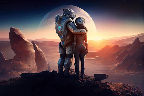 A couple of people standing on top of a rocky hillside next to a giant planet promotional image concept art space art