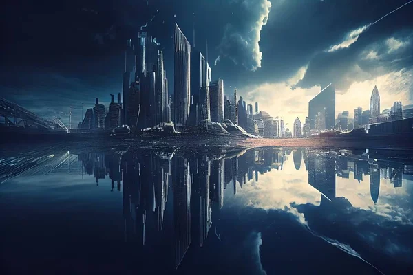 A futuristic city with a reflection in the water at night time with a full moon cinematic matte painting a detailed matte painting afrofuturism