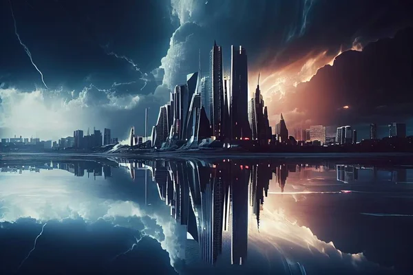 A city with a lot of tall buildings and a lot of clouds in the sky cinematic matte painting a matte painting retrofuturism