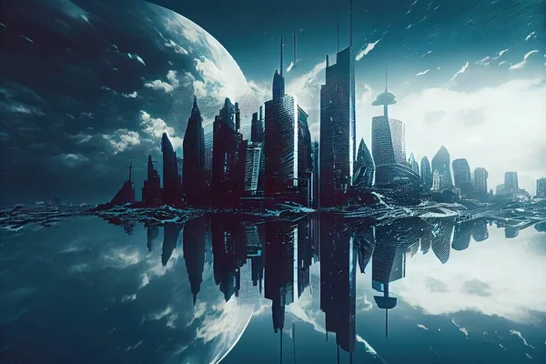 A futuristic city with a futuristic sky background and a reflection of the city in the water cinematic matte painting a matte painting afrofuturism