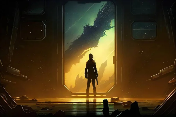A woman standing in front of a doorway in a sci - fi environment with a giant monster in the background cinematic concept art concept art space art