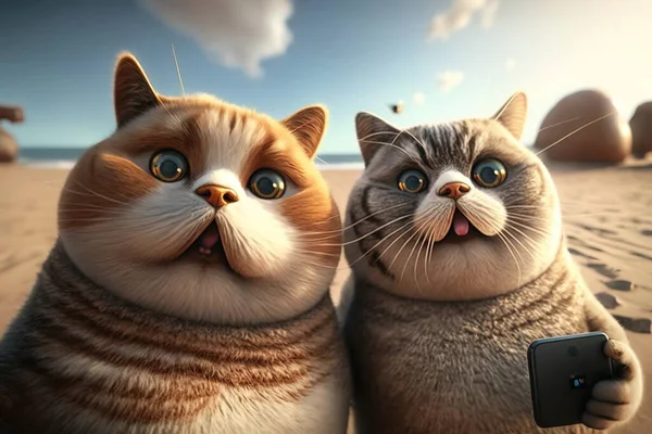 Two cats are standing on the beach with a cell phone in their hands and one cat is looking at the camera cgstudio a screenshot photorealism