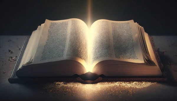 An open book with a light shining from it on a table top with a light shining from the book radiant light a storybook illustration letterism