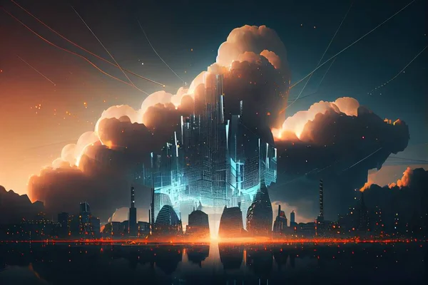 A futuristic city with a castle in the sky and a lot of clouds in the sky cinematic matte painting a detailed matte painting retrofuturism
