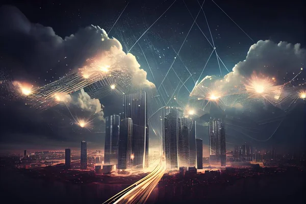 A city with a lot of lights and a lot of clouds in the sky with a lot of lights cinematic matte painting a detailed matte painting futurism