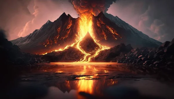 A volcano with lava and lava surrounding it in a dark sky with clouds and water lava a detailed matte painting fantasy art