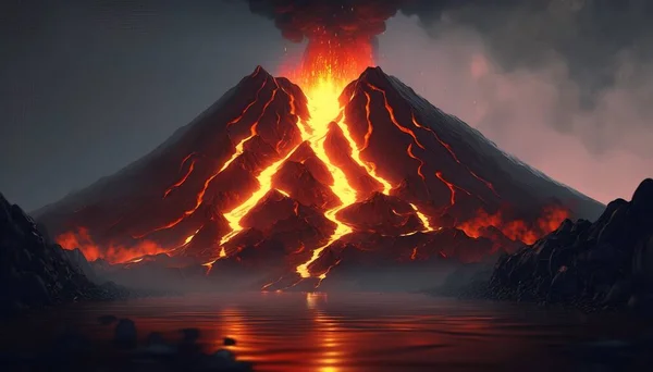 A volcano with lava and lava pouring out of it\'s sides and a lake below lava a detailed matte painting environmental art