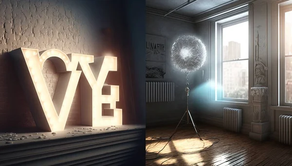 A room with a window and a light up letter on the wall and a light up letter on the floor photorealistic lighting a 3d render photorealism