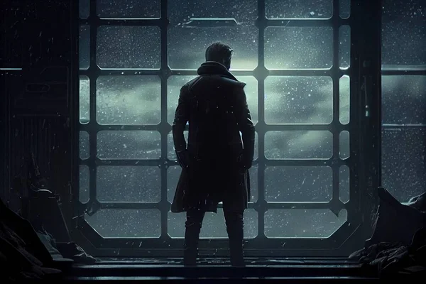 A man standing in front of a window in a dark room with snow falling on the ground key art a character portrait sots art