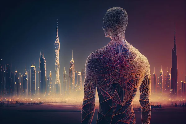 A man standing in front of a city skyline with a futuristic structure in the background biopunk cyberpunk art futurism