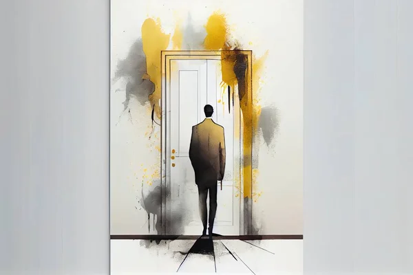A man standing in front of a doorway with yellow paint splatters on it airbrush on canvas an ultrafine detailed painting modern european ink painting