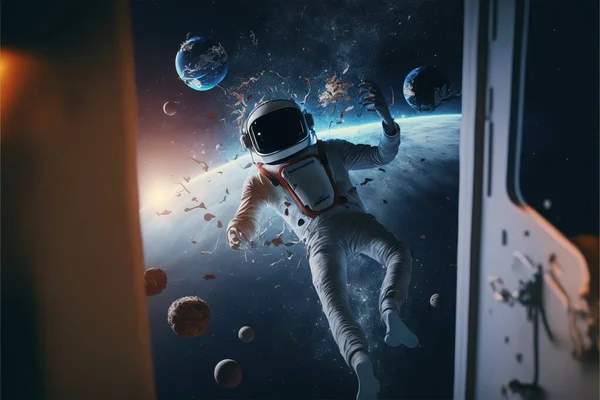 A man in a space suit floating in space with planets around him and a door open liminal space in outer space a detailed matte painting space art