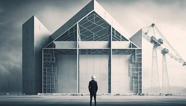 A man standing in front of a building under construction with cranes in the background and a sky filled with clouds architecture a digital rendering modular constructivism