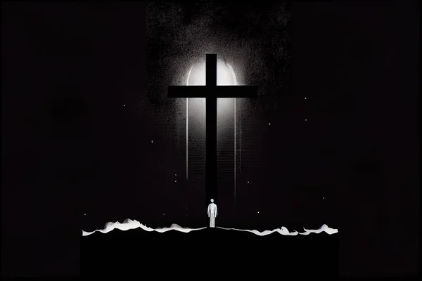 A person standing on a hill with a cross in the background at night time with a light shining on the cross dark night an album cover sots art