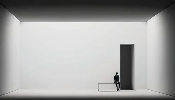 A person standing in a room with a door open and a person standing in the doorway dim volumetric lighting an ambient occlusion render minimalism