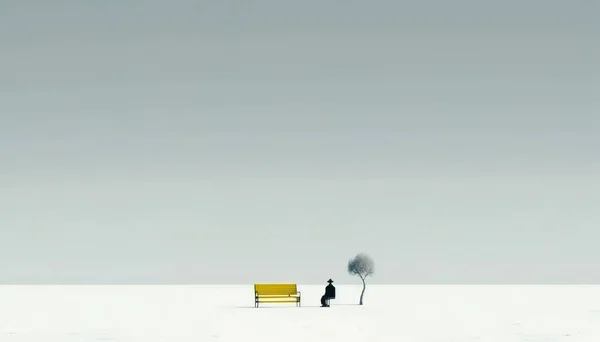 A lone bench and a lone person sitting on a bench in the snow with a lone tree minimalist a minimalist painting minimalism