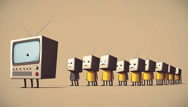 A group of cartoon characters standing in front of a tv set with six identical faces widescreen a cartoon video art