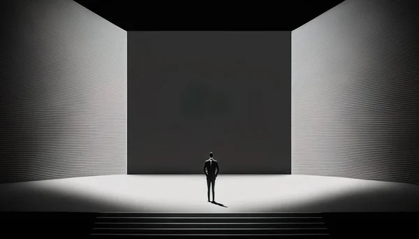 A man standing in a dark room with stairs leading up to the ceiling and a wall cinematic light a raytraced image minimalism