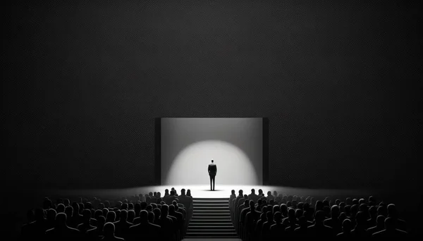 A man standing in front of a stage with a crowd of people watching him from the bottom cinematic light an ambient occlusion render minimalism