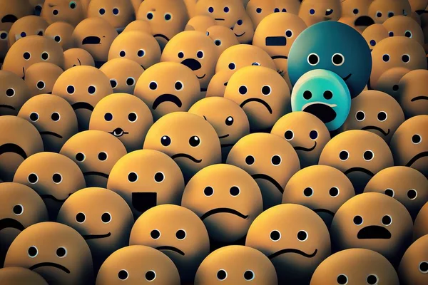 A group of smiley faces with a blue ball in the middle of them surrounded by smaller yellow balls expressive an ambient occlusion render stuckism