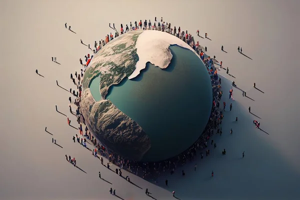 A group of people standing around a large globe with a sky background and a sky background redshift render a 3d render environmental art