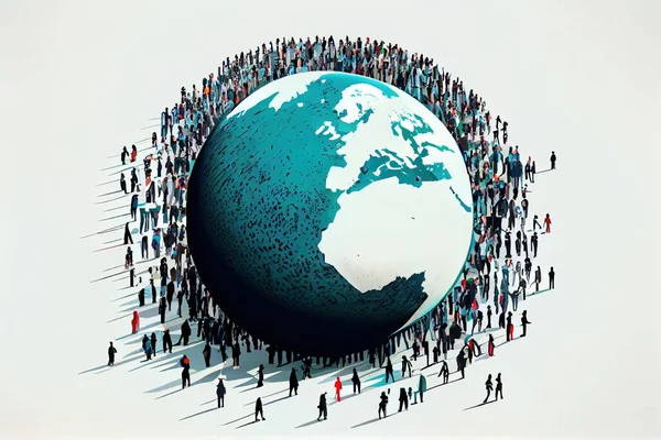 A group of people standing around a large globe of the world on a white background editorial illustration a digital rendering unilalianism