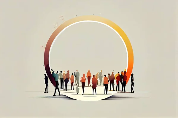 A group of people standing in a circle with a rainbow colored circle in the middle editorial illustration an ultrafine detailed painting objective abstraction