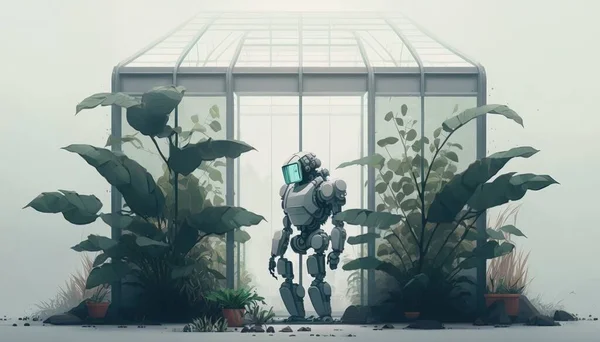 A robot standing in front of a glass building with plants and plants around it robot concept art environmental art