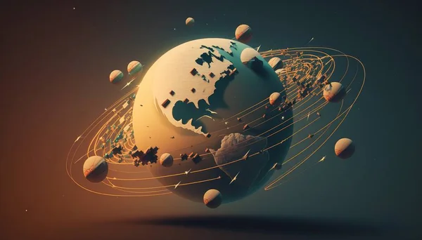 A computer generated image of a planet with a lot of small objects around it including a star and a line of stars cinema 4 d a 3d render space art