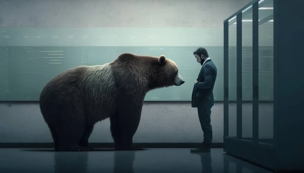 A man standing next to a bear in a room with a wall of glass and a large bear promotional image a storybook illustration institutional critique