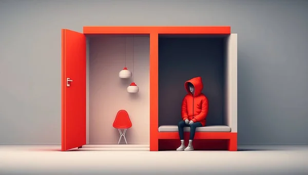 A person in a red jacket sitting in a red room with a red door and a red lamp 3 d render a 3d render minimalism