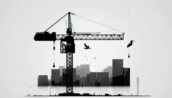 A crane is standing in front of a city skyline with birds flying around it and a bird flying over it city background a matte painting constructivism