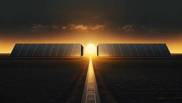 A long road leading to a large solar panel structure in the middle of a desert solarpunk a matte painting precisionism