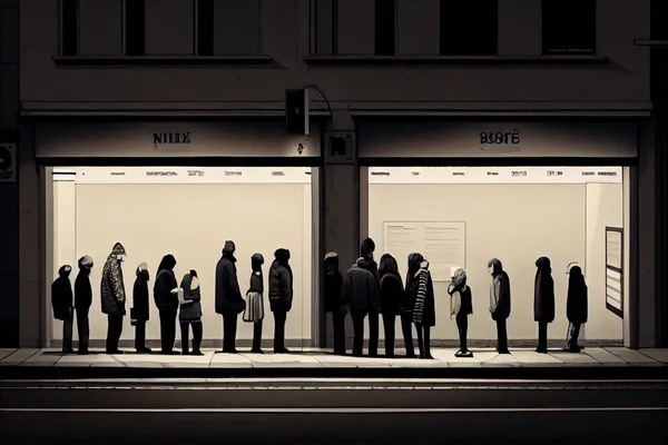 A group of people standing in front of a store window at night time all dressed in black dystopian art an ultrafine detailed painting generative art