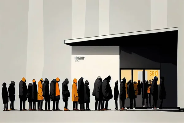 A group of people standing in front of a building with a black and yellow coat orange an ultrafine detailed painting berlin secession