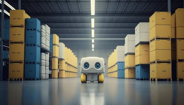 A robot is sitting in a warehouse with boxes on the floor and a ceiling of yellow boxes robots a stock photo les automatistes
