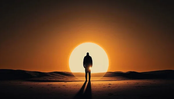 A man standing in the middle of a desert at sunset with the sun setting behind him cinematic photography poster art dau-al-set