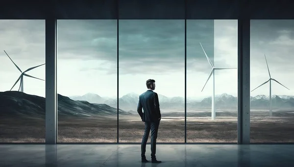 A man standing in front of a window with wind turbines in the background and a mountain range solarpunk a detailed matte painting environmental art