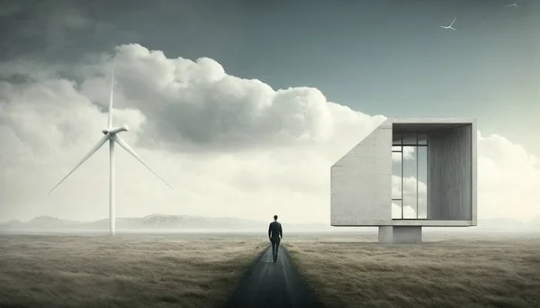 A man standing in a field next to a wind turbine and a building with a glass window cinematic matte painting a digital rendering modernism