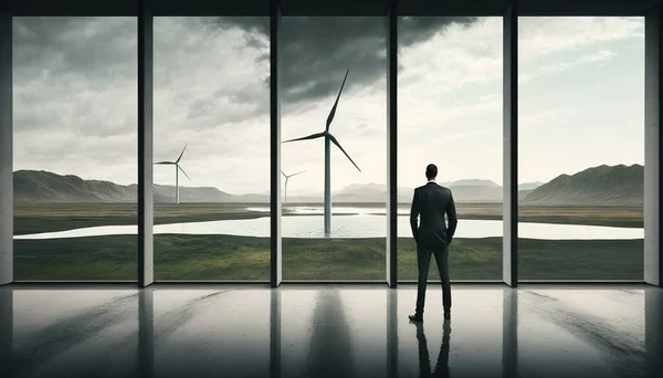 A man standing in front of a window looking at wind turbines in a field of grass solarpunk a stock photo environmental art