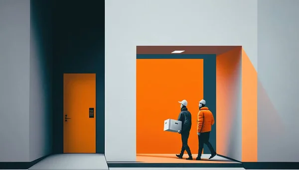 Two people standing in a room with an orange door and a white bag in front of them orange an ultrafine detailed painting postminimalism