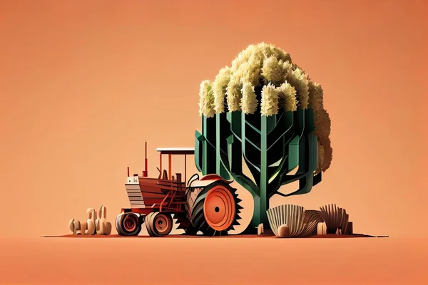 A tractor with a tree on the back of it and a bunch of shells around it editorial illustration an ambient occlusion render environmental art