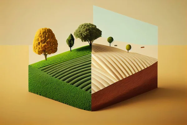 A stylized image of a landscape with trees and a field in the middle of it colorful flat surreal design a 3d render environmental art
