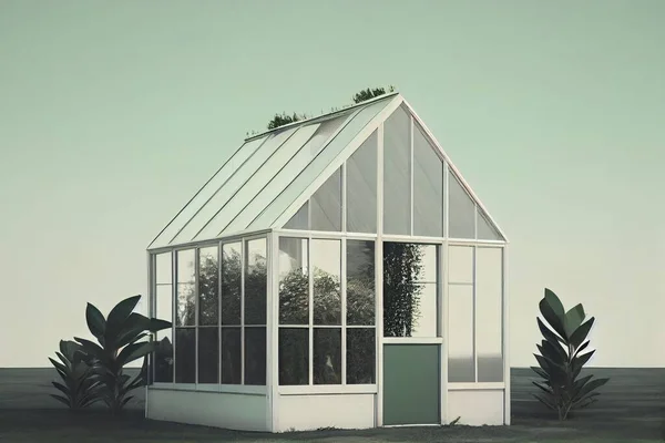 A house with a green roof and a white wall and windows with plants growing on the roof overgrown a digital rendering tonalism